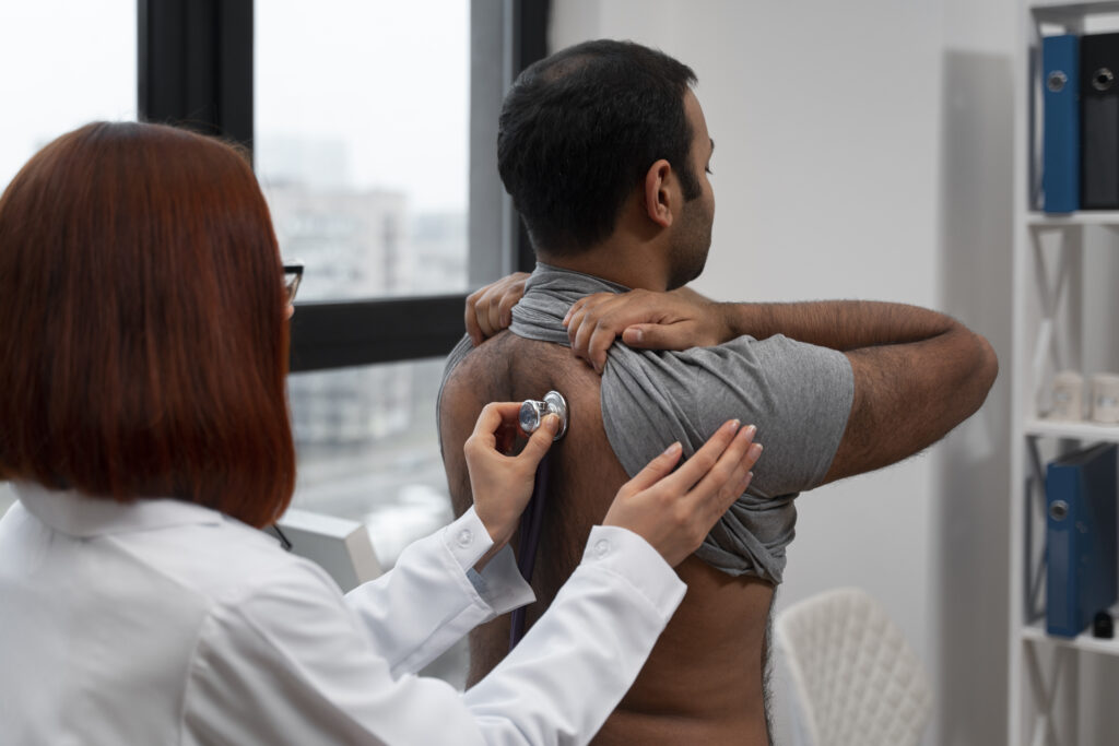Side view doctor checking patient