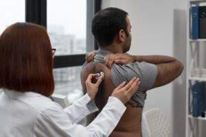 Side view doctor checking patient
